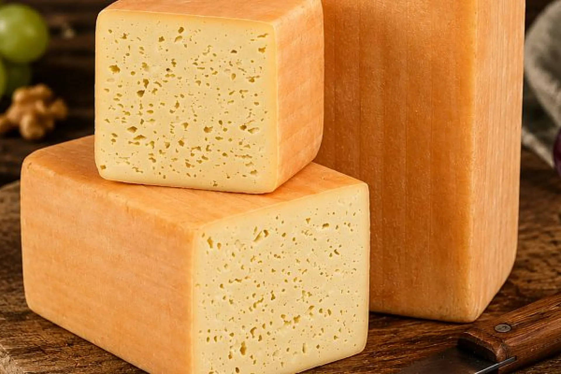 Drei Stücke Tilsiter Käse auf Holzunterlage.