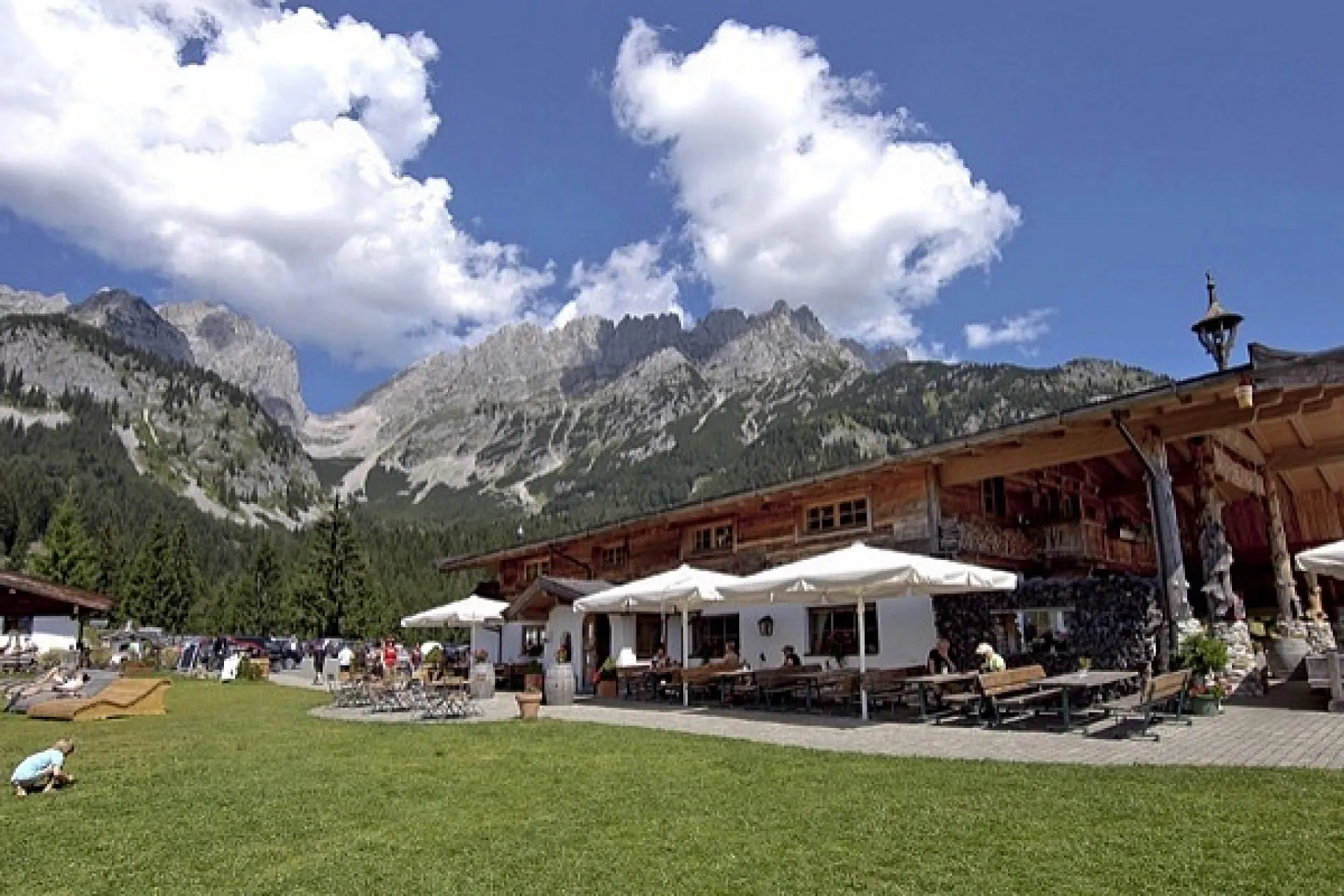 Almhütte mit Bergkulisse und Wiese in der Nähe